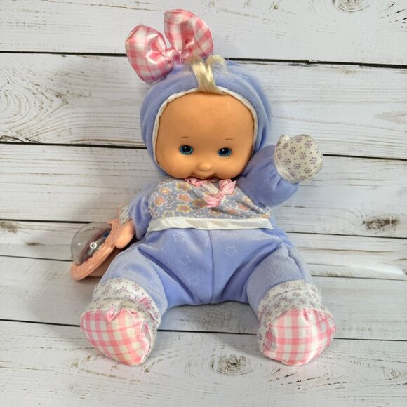 Fisher Price First Baby Doll Soft Body Pink Bow Rattle 2002 Purple Outfit - Picture 2 of 6